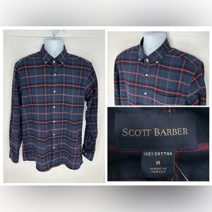 Scott Barber NWT Navy Red Plaid Button Down Shirt Size Medium 100% Cotton Office